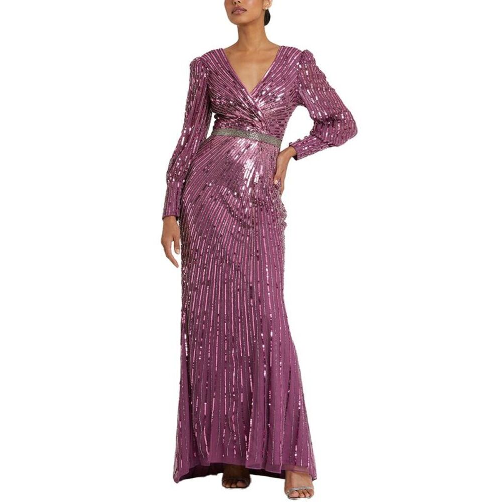 Mac Duggal Womens  Sequined Wrap Over Bishop Sleeve Gown